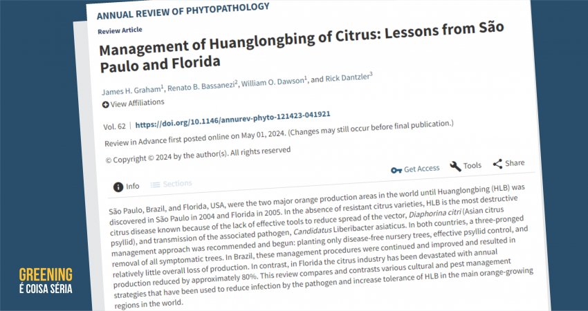 Artigo na Annual Reviews of Phytopathology compara o controle do greening em SP com o da Flórida