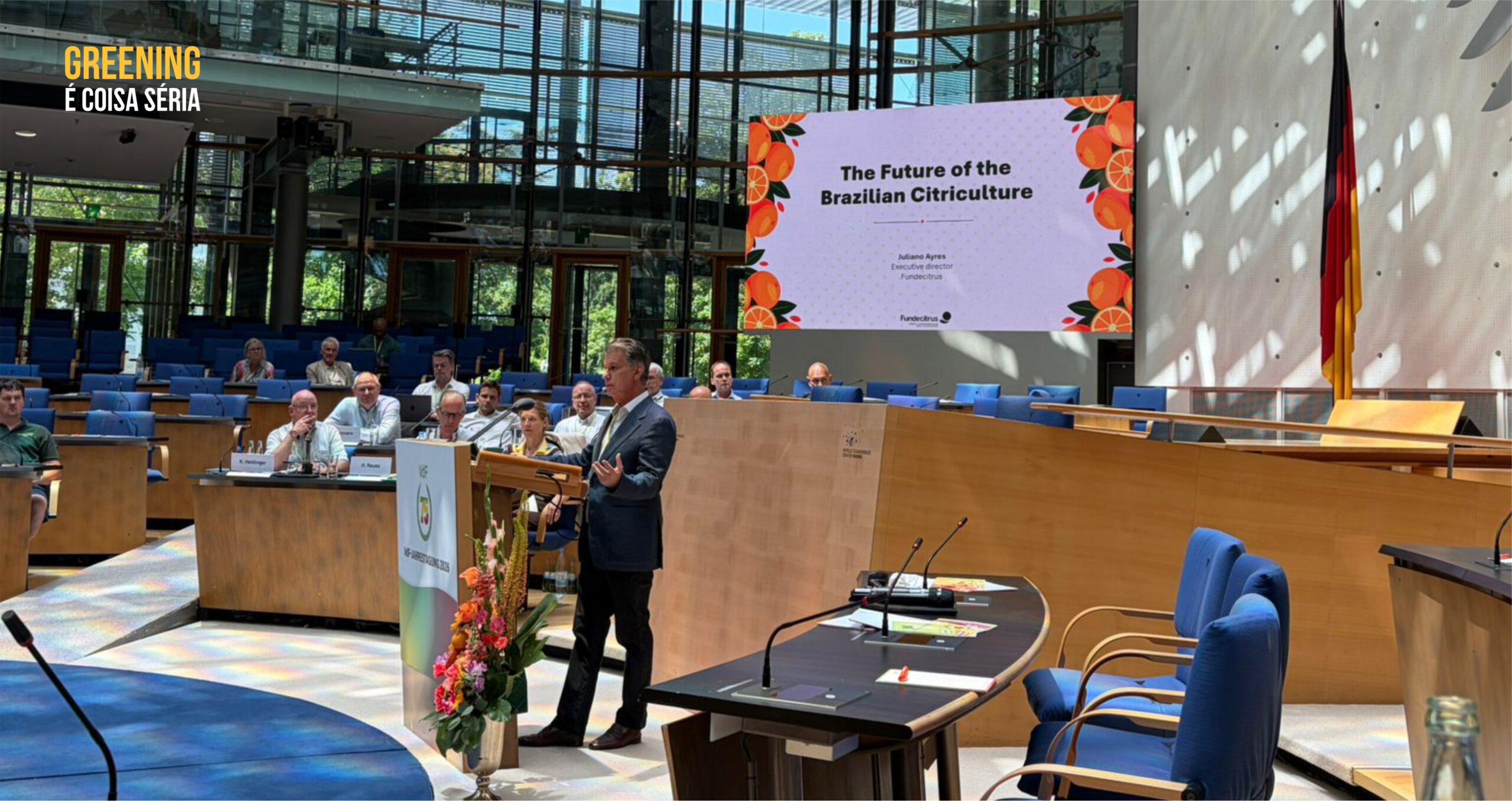 Fundecitrus participa de evento na Alemanha e destaca manejo do greening, sustentabilidade e benefícios do suco à saúde